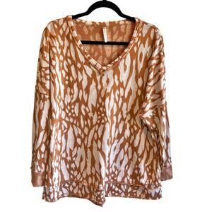 XCVI Brown & White Print Raw Hem Long Sleeve Tunic Top - size XL